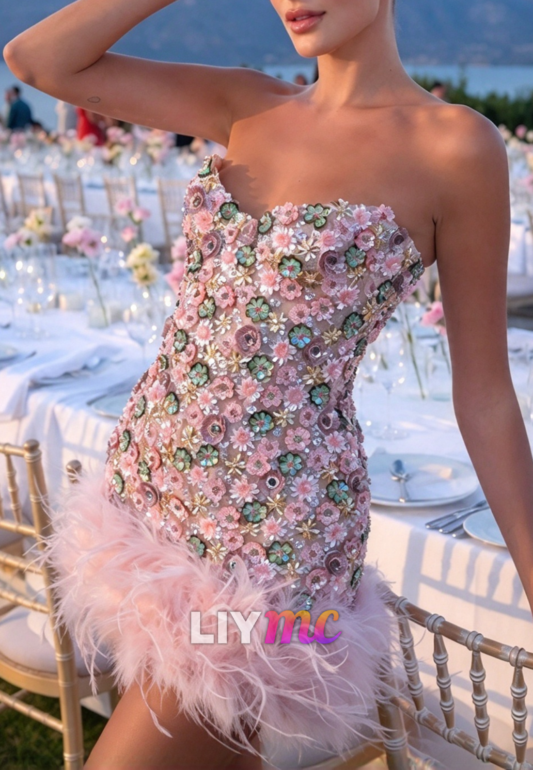 3D Floral Embellished Strapless Mini Dress with Feather Hem