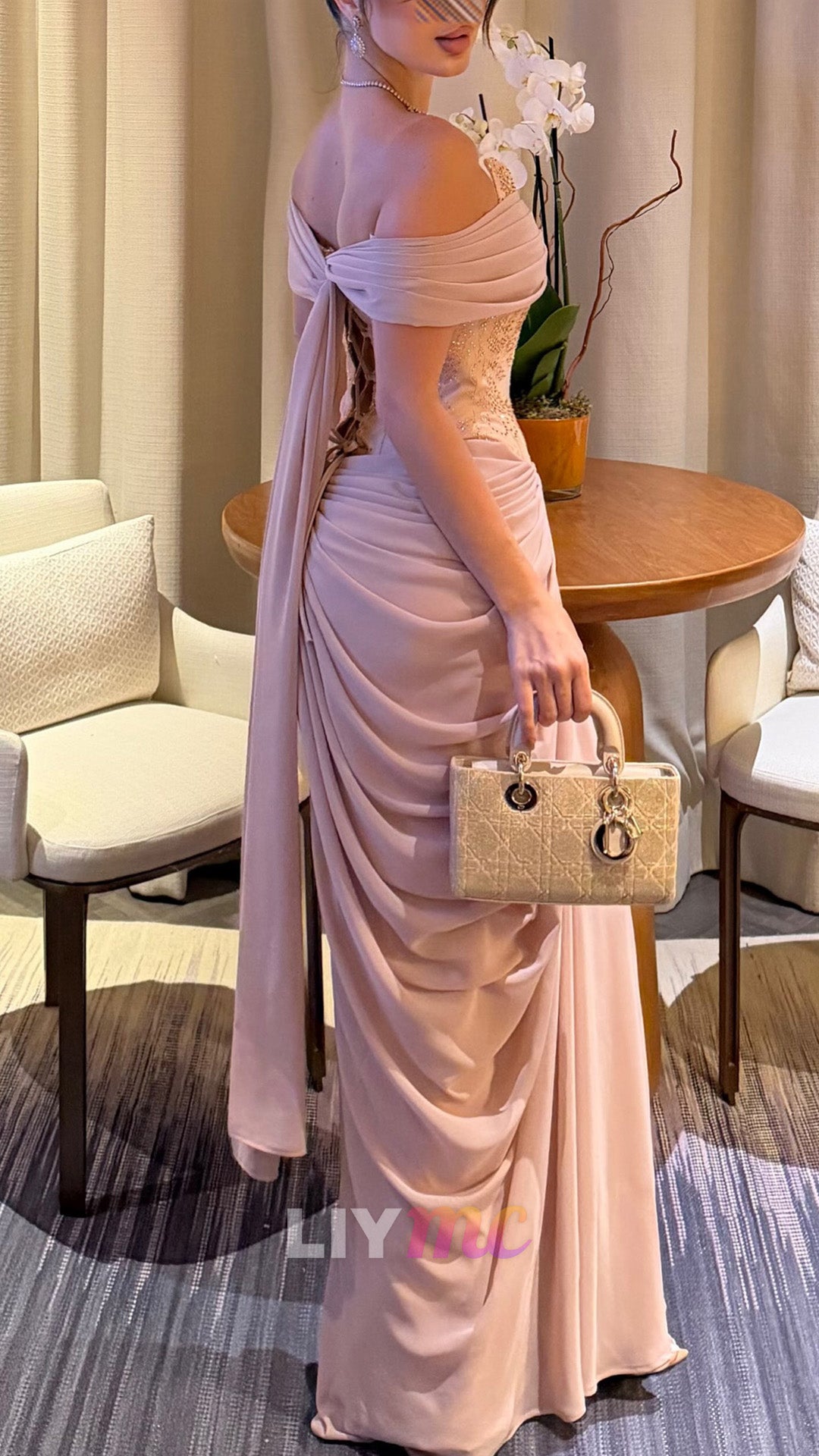 Off-Shoulder Corset Gown with Draped Skirt