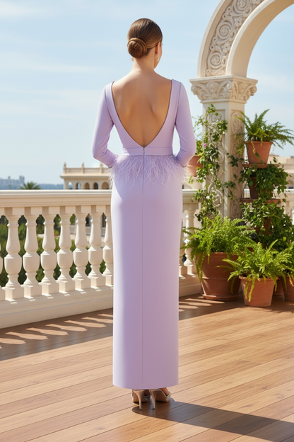 Feather Waist Column Evening Dress