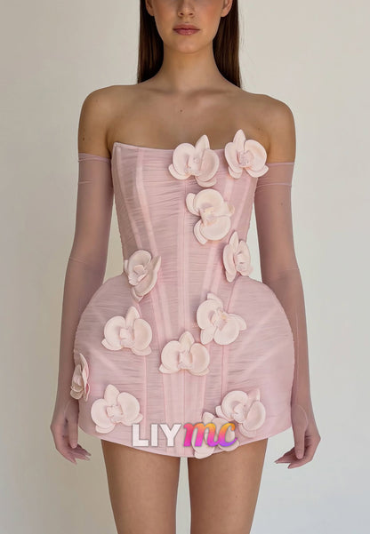Strapless Corset Mini Dress with 3D Flower Appliques