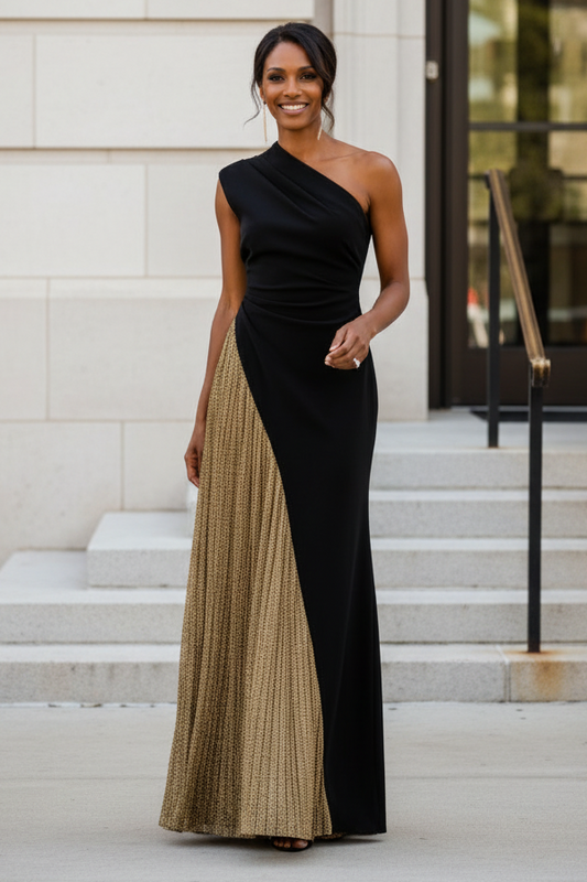 One Shoulder Color Block Maxi Evening Gown