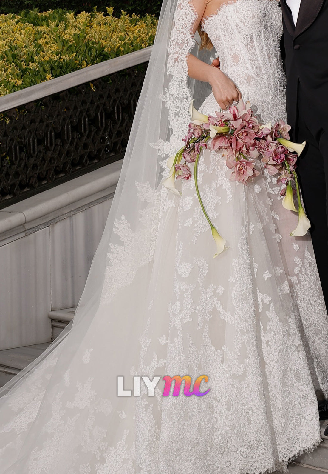 Strapless Lace Wedding Dress with Tulle Overskirt