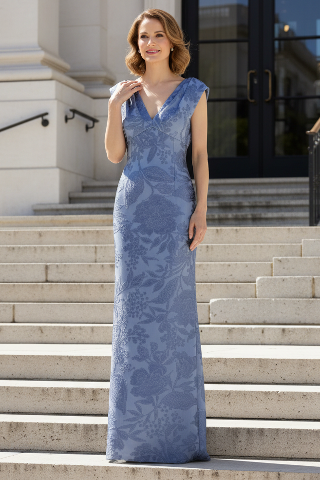 Floral Jacquard V-Neck Column Evening Gown