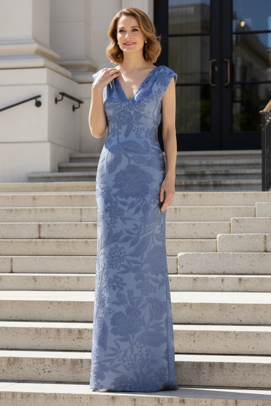 Floral Jacquard V-Neck Column Evening Gown