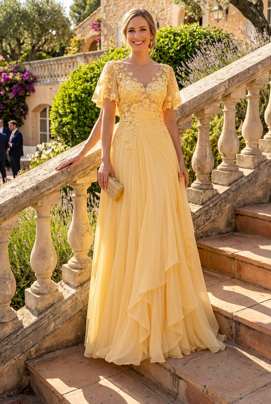 Flutter Sleeve Floral Appliqué Maxi Gown