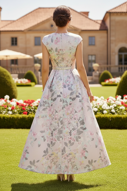 Floral Jacquard Cap Sleeve A-Line Dress