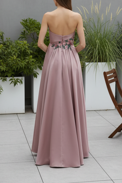 Strapless Floral Embroidered Satin A-Line Gown