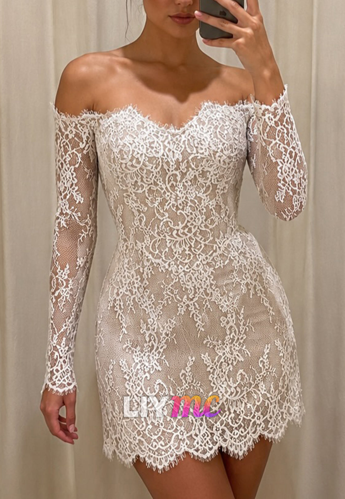 Off-the-Shoulder Long Sleeve Lace Mini Dress