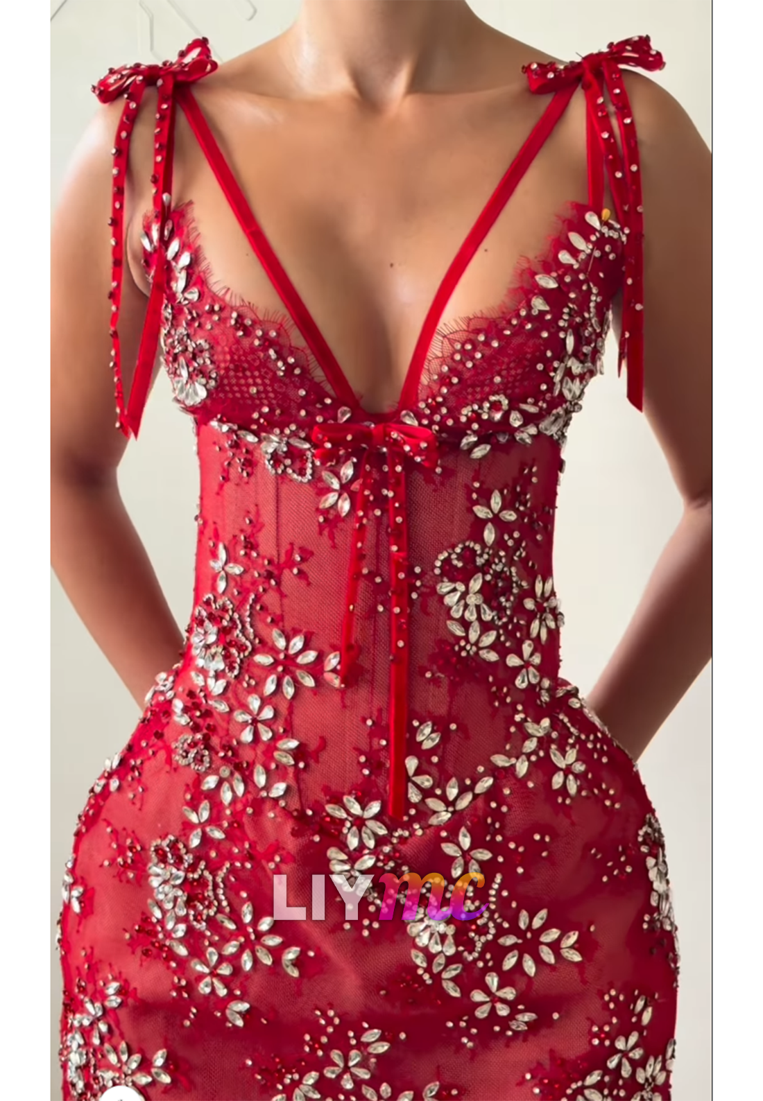 Crystal Floral Mermaid Gown with Tie Shoulder Straps