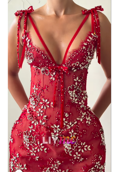 Crystal Floral Mermaid Gown with Tie Shoulder Straps