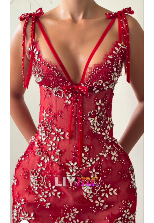 Crystal Floral Mermaid Gown with Tie Shoulder Straps