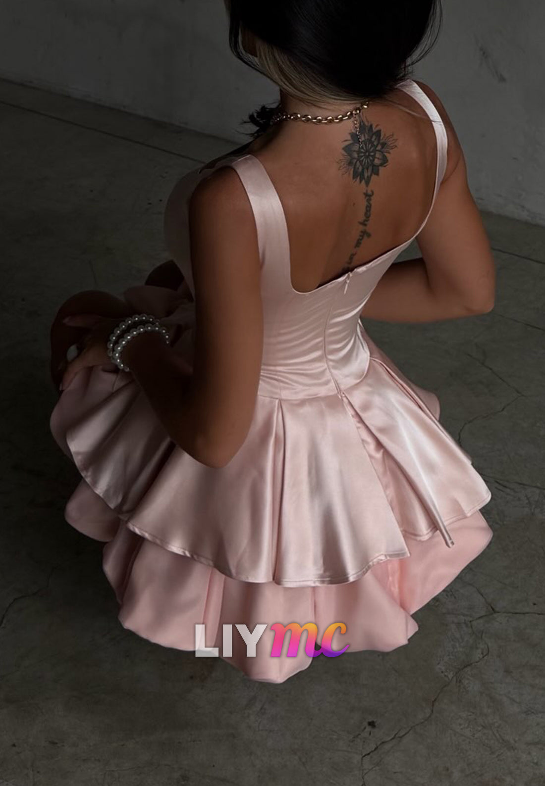 Square Neck Tiered Ruffle Satin Mini Party Dress