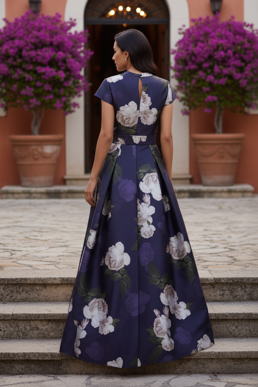 Floral Print Satin Gown with Belted Waist & Cap Sleeves