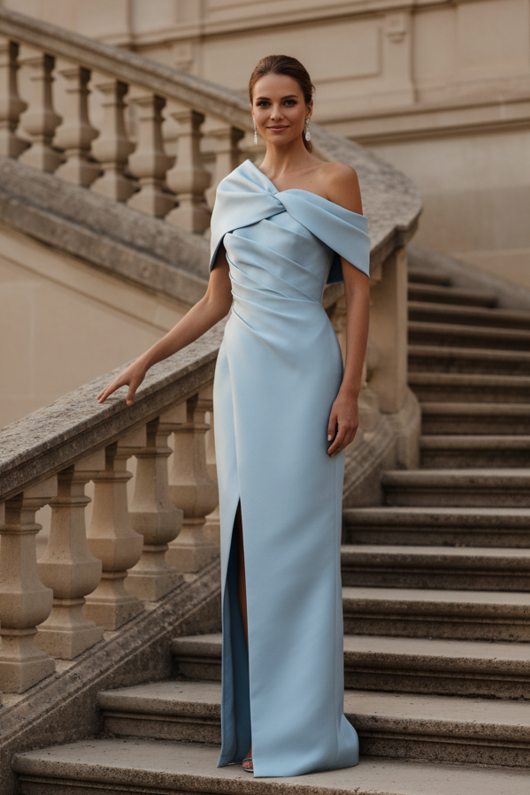 One-Shoulder Drape Column Gown with High Slit
