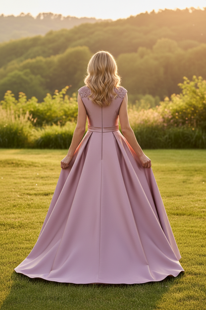 Beaded V-Neck Satin A-Line Evening Gown