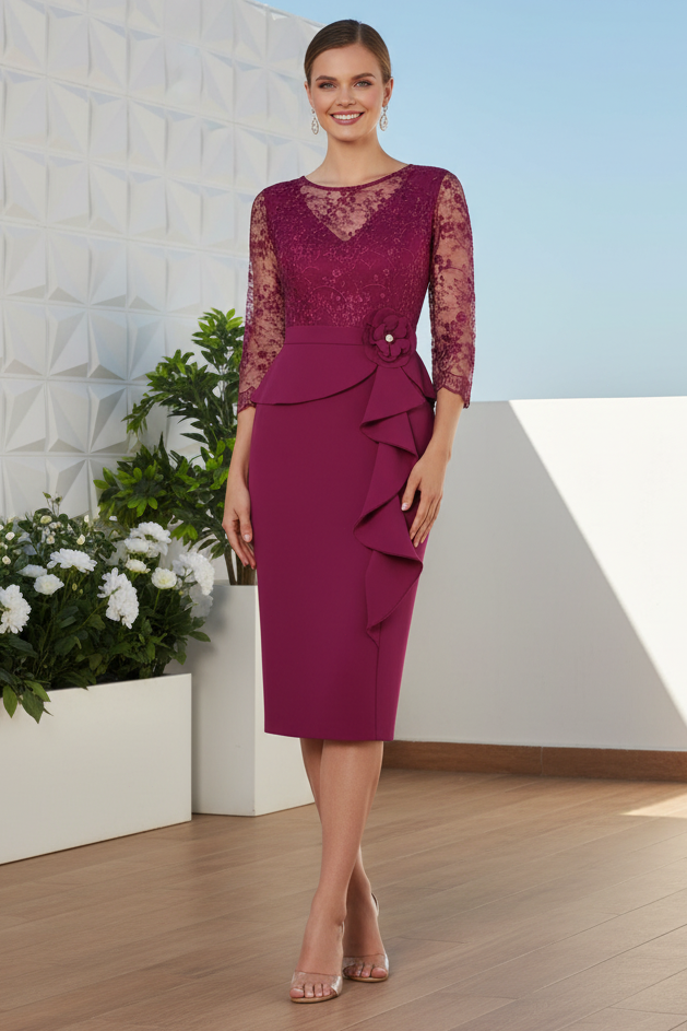 Lace Illusion 3/4 Sleeve Midi Cocktail Dress