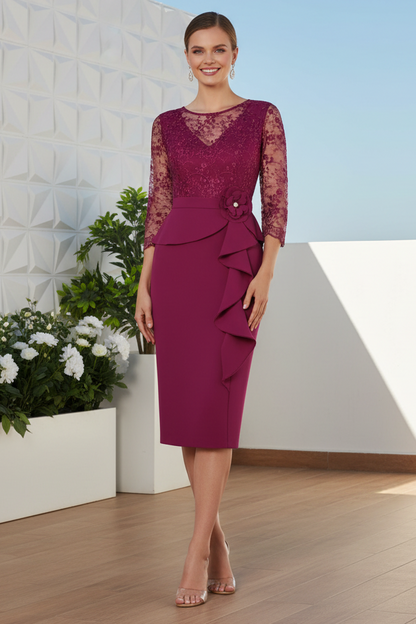 Lace Illusion 3/4 Sleeve Midi Cocktail Dress