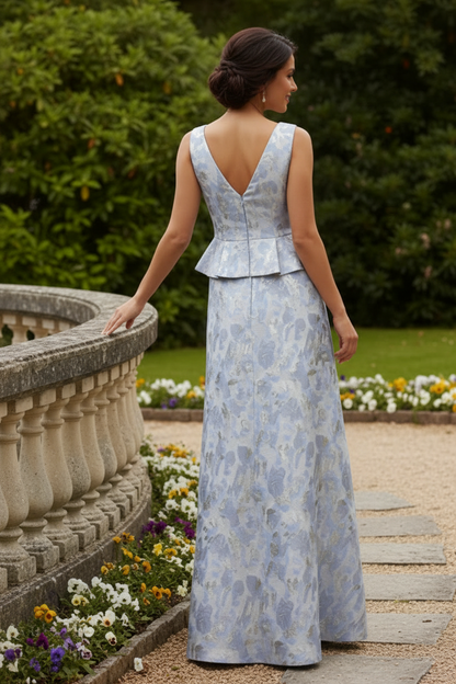 V-Neck Peplum Jacquard Two-Piece Gown
