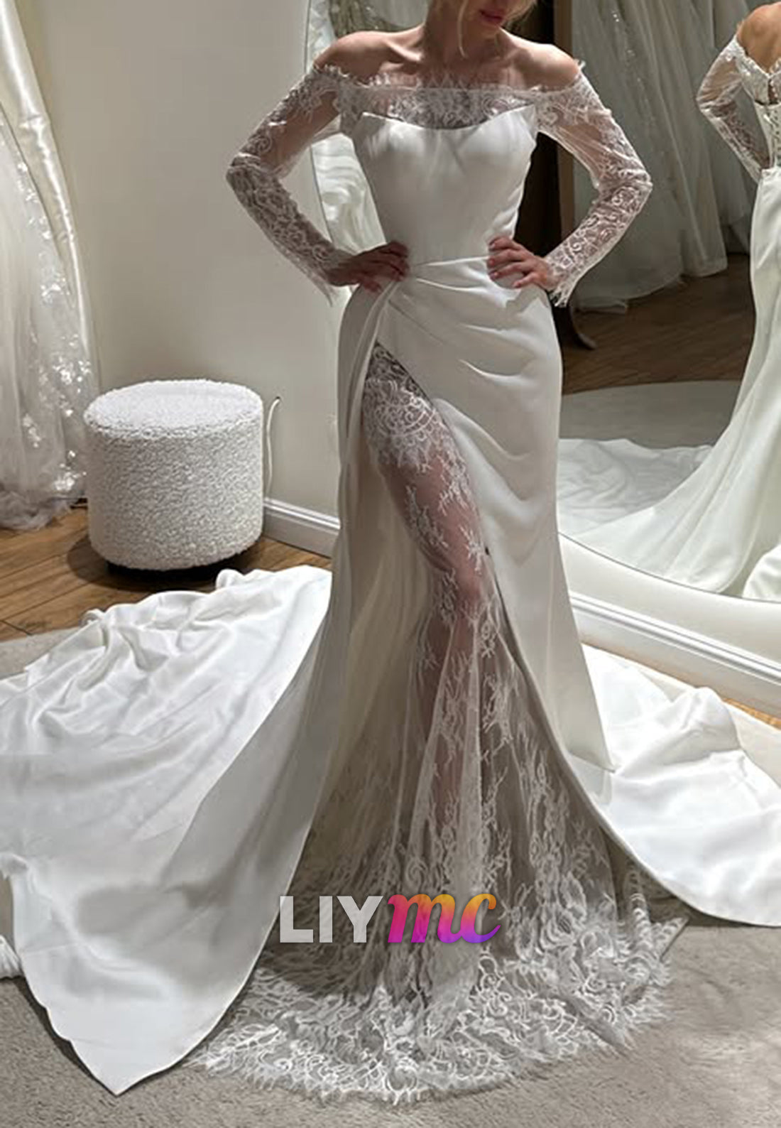 Off-the-Shoulder Lace Sleeve Wedding Dress with Slit