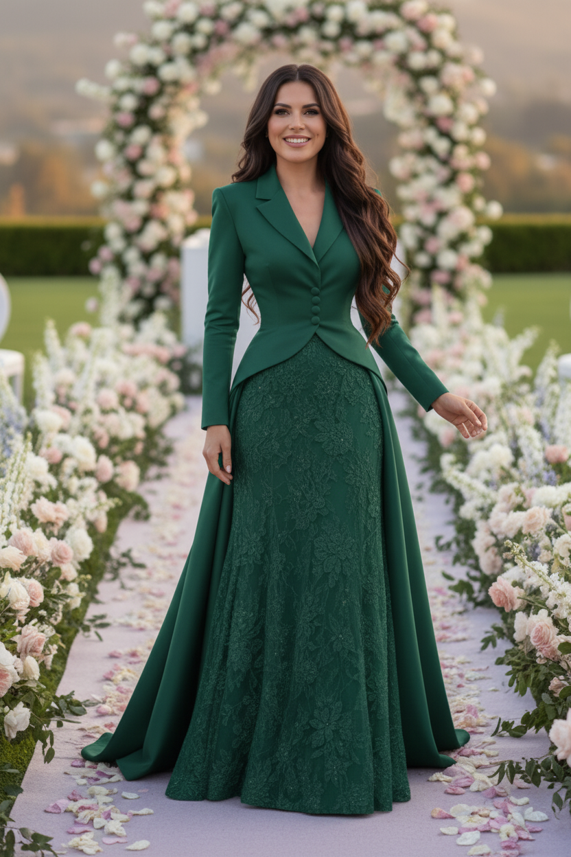 Tailored Lapel Evening Gown with Lace Skirt