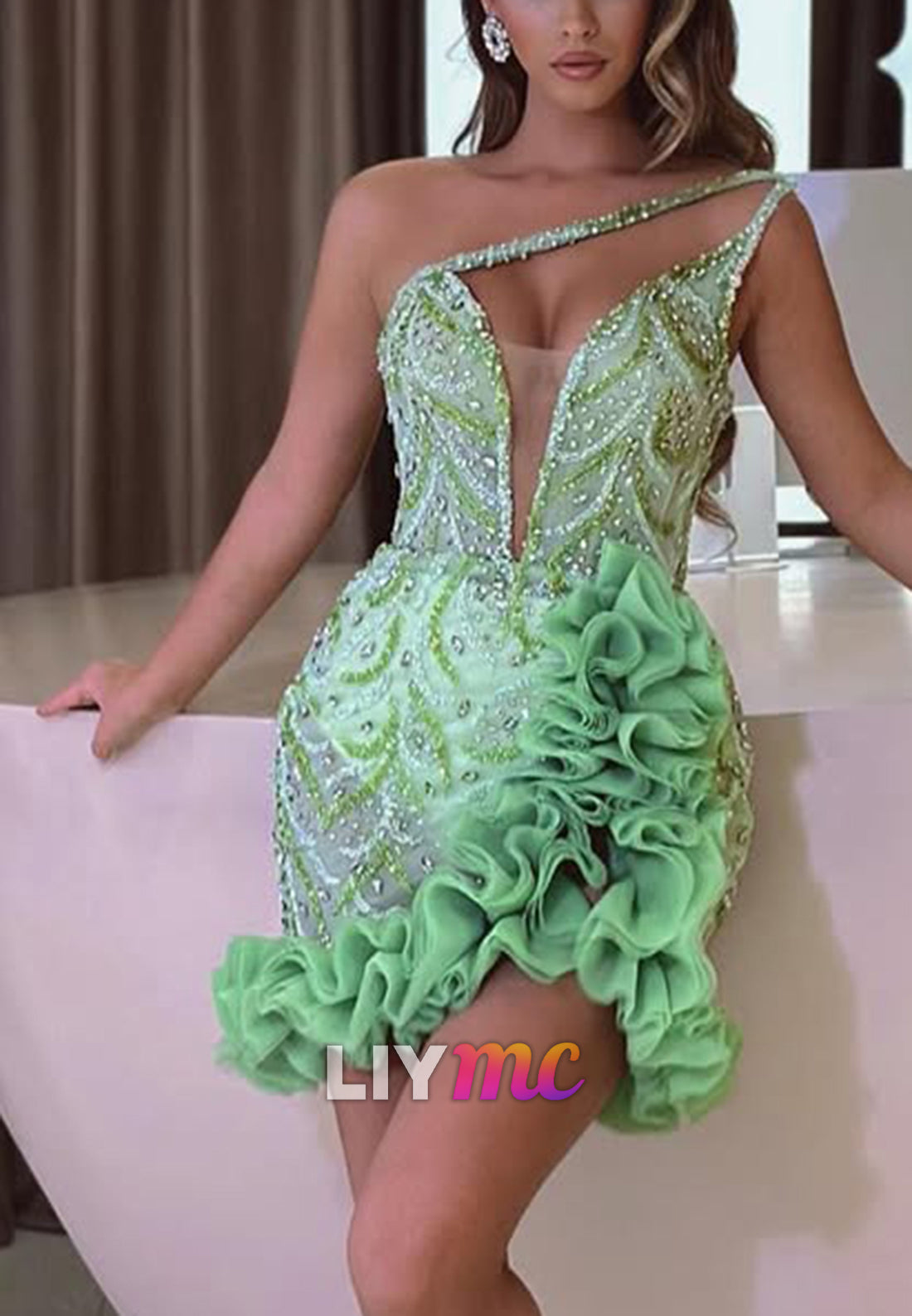 One-Shoulder Beaded Mini Dress with Ruffle Trim