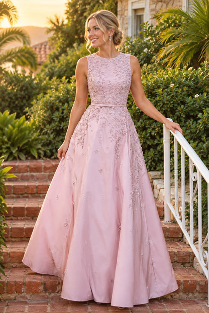 Embroidered A-Line Gown with Bow Belt