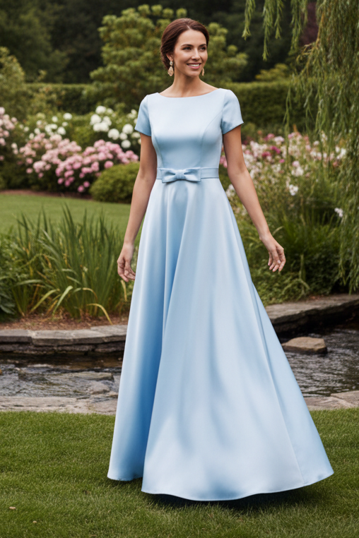 Satin Bateau Neck A-Line Evening Gown with Bow