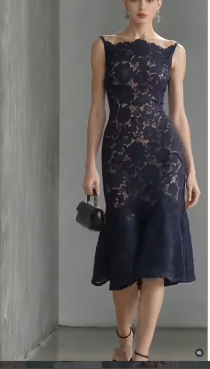 Scalloped Lace Fit-and-Flare Midi Dress