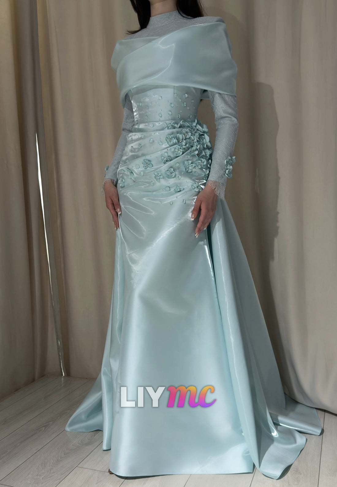 High-Neck Long Sleeve Satin A-Line Evening Gown