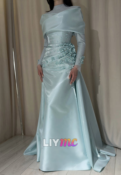 High-Neck Long Sleeve Satin A-Line Evening Gown