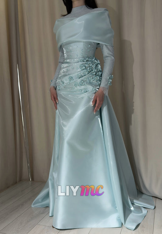 High-Neck Long Sleeve Satin A-Line Evening Gown