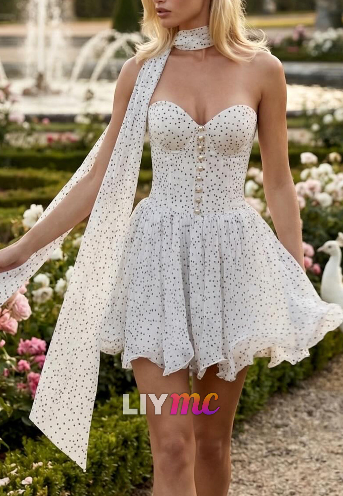 Polka Dot Corset Mini Dress with Scarf