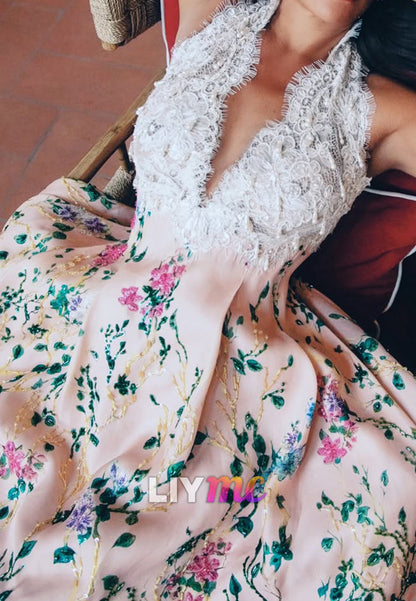 Floral Halter A-Line Maxi Dress with Lace Bodice