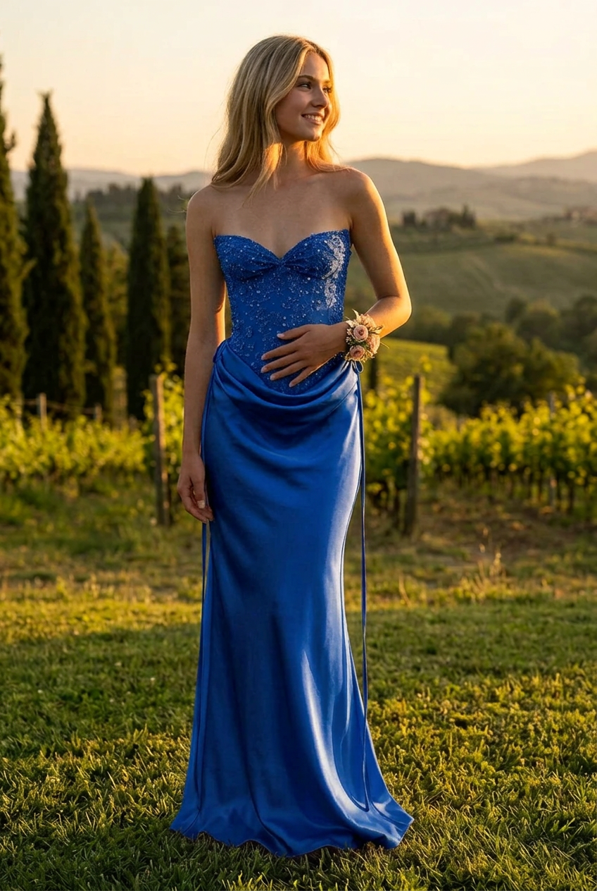 Strapless Beaded Corset Maxi Dress with Cowl