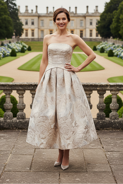 Strapless Metallic Floral Jacquard Midi Dress