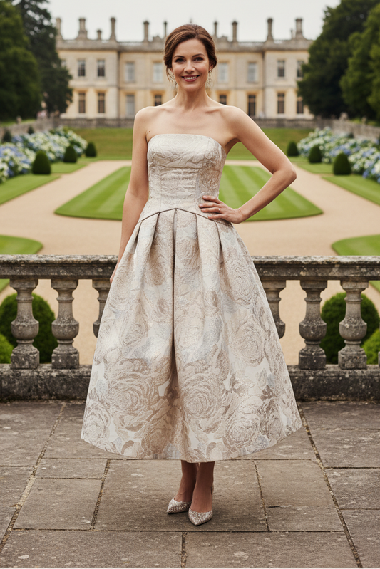 Strapless Metallic Floral Jacquard Midi Dress