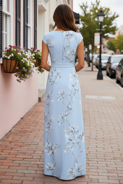 Floral Print V-Neck A-Line Maxi Dress with Cap Sleeves