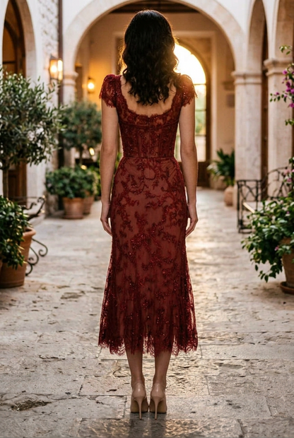 Corset Lace Midi Dress with Cap Sleeves