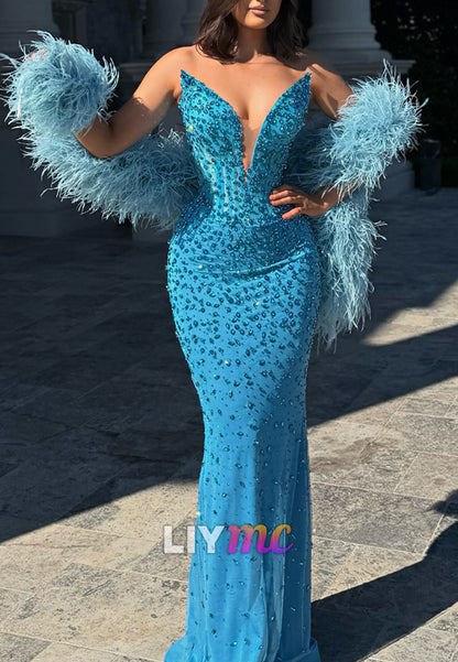 Beaded Strapless Corset Mermaid Gown with Feather Shawl
