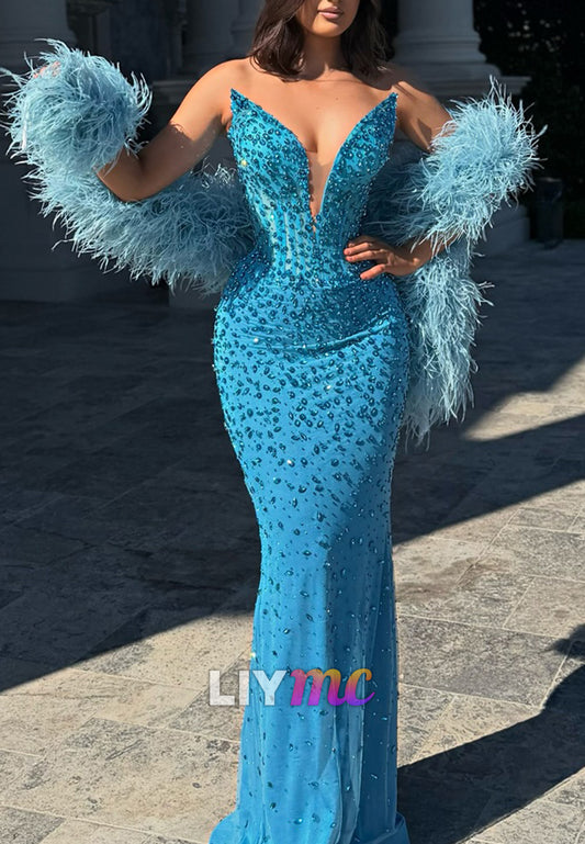 Beaded Strapless Corset Mermaid Gown with Feather Shawl
