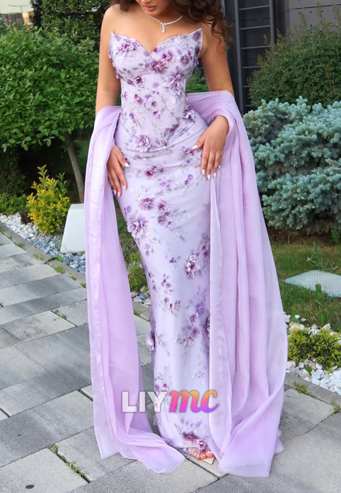 Floral Mermaid Gown with Shawl & 3D Flowers