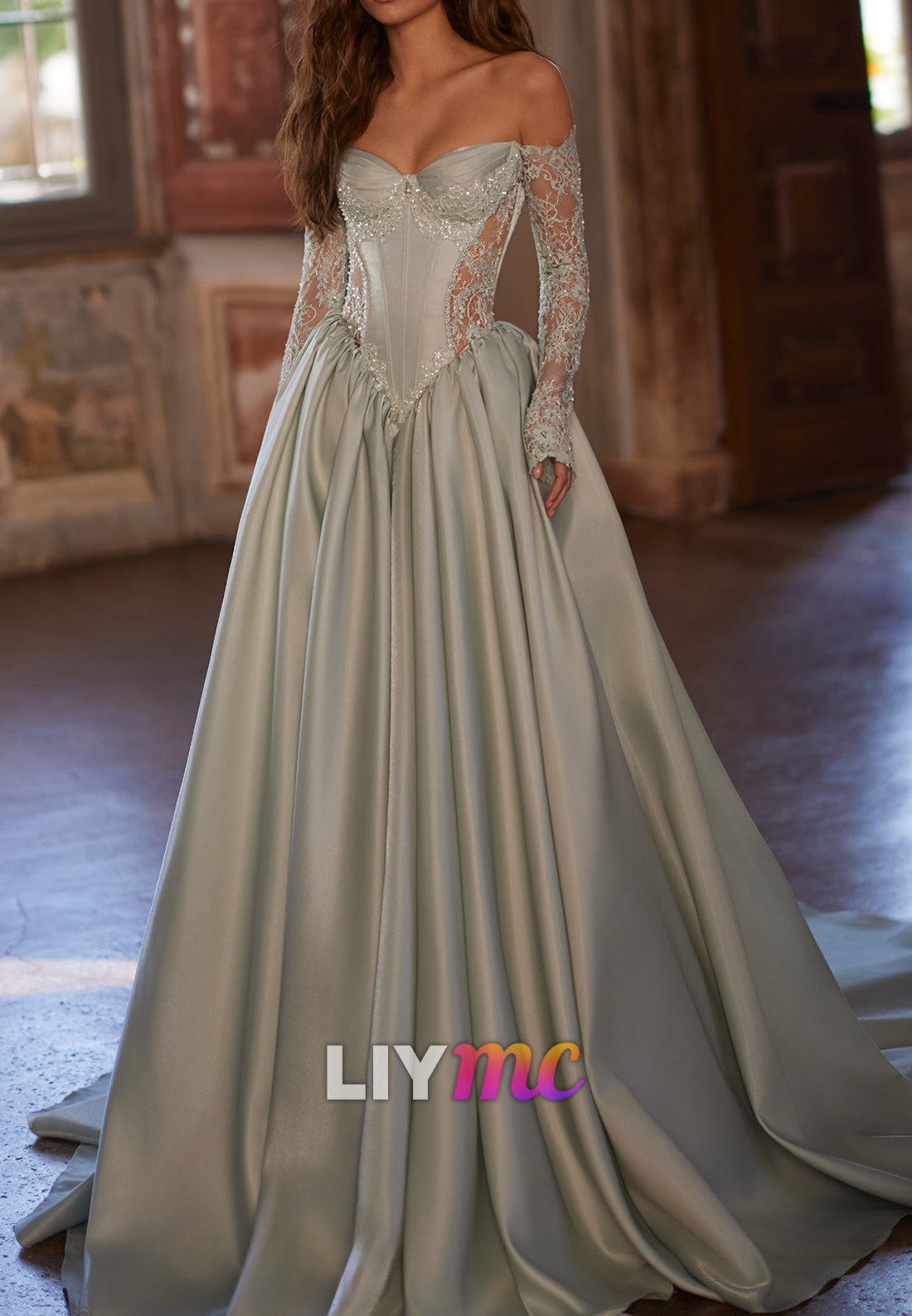 Off-the-Shoulder Corset Ball Gown with Lace Sleeves