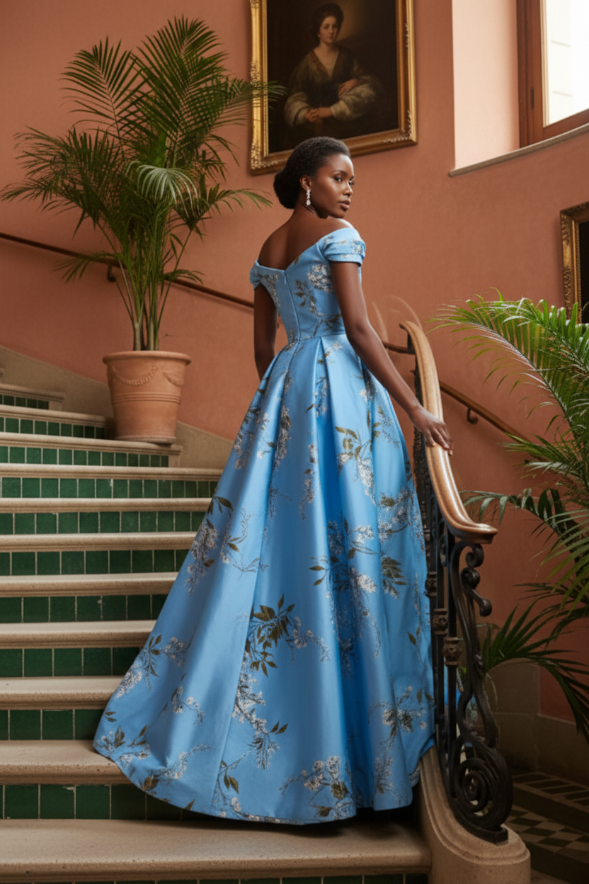 Floral Off-the-Shoulder A-Line Gown with Slit