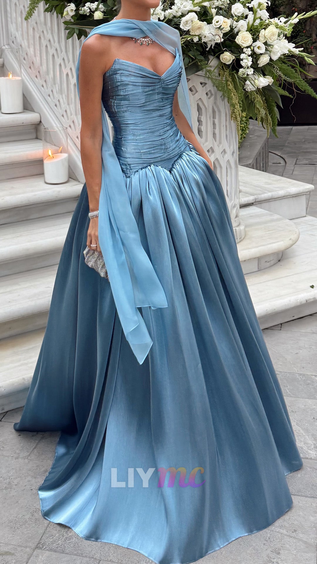 Strapless Ruched Bodice Ball Gown with Matching Shawl