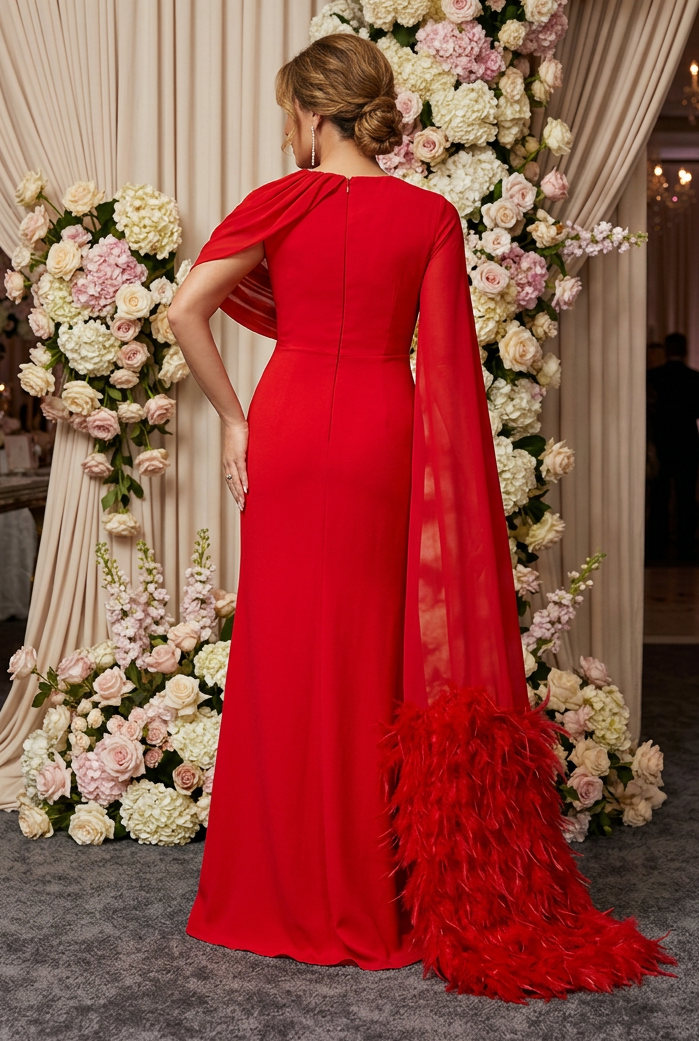 Cape Sleeve Feather Hem Evening Gown