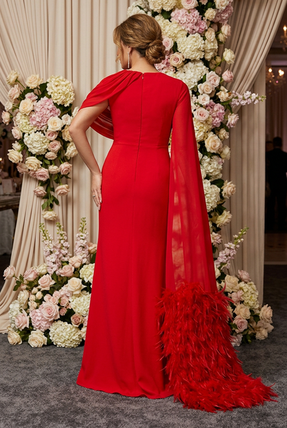 Cape Sleeve Feather Hem Evening Gown