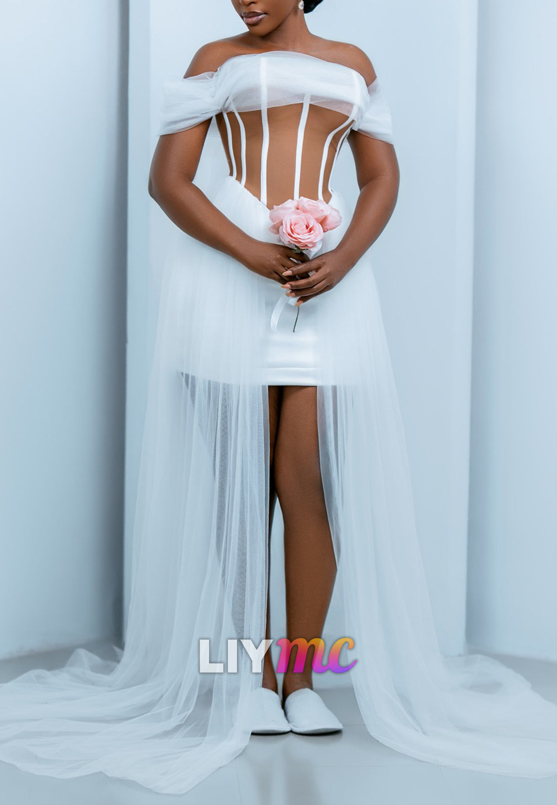 Corset Mini Wedding Dress with Draped Tulle Train