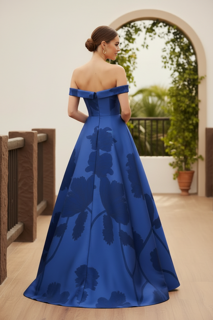 Off-the-Shoulder Floral Jacquard Evening Gown