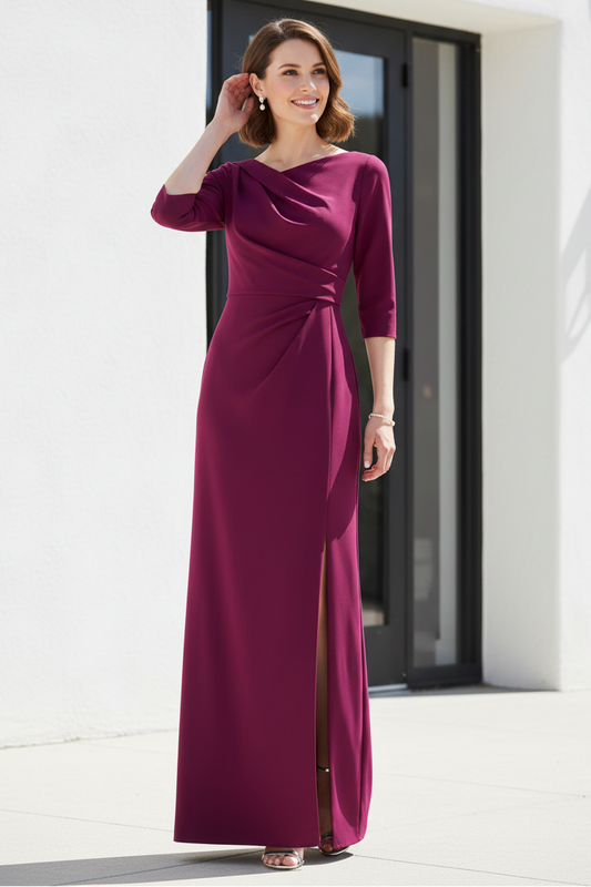 Asymmetrical Crepe Evening Gown with 3/4 Sleeves