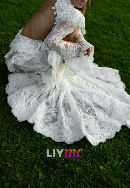 Lace High Neck Bell Sleeve Wedding Dress